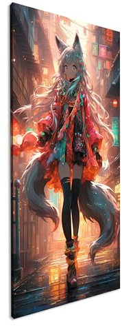 Leinwandbild Anime-Figur mit silbernen Haaren in einer Neon-Gasse bei Nacht. Panorama Format: 100x50 cm XXL Kunstdruck Bild auf Keilrahmen/Wandbild/Wohnzimmer Deko
