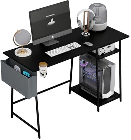 Computertisch, 115 cm, Weißer Bürotisch, mit Bücherregal, Eck-Gaming-Schreibtisch, Laptop-Tisch, Arbeits-Tisch mit Metallrahmen, Holztisch mit schwebenden Regalen, für Schlafzimmer, Wohnzimmer