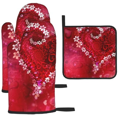 Rom c - Set di 3 guanti da forno e presine a forma di cuore, guanti da forno per barbecue, cottura e grigliate
