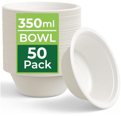 Cuencos de papel fuertes (350 ml, 50 unidades), desechables, compostables, blancos, para fiestas, biodegradables, ecológicos, aptos para microondas, para postre, ensalada, cereales, Navidad, bodas
