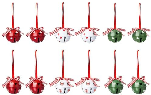 Mokylor Weihnachtsglocken aus Metall, Weihnachtsglocken mit Bändern, Weihnachtsbaumglocken in Rot, Weiß, Grün, mit Sternausschnitten, Schleifen, gepunktet, für Kranz, Basteln, Ferienhaus, 12 Stück