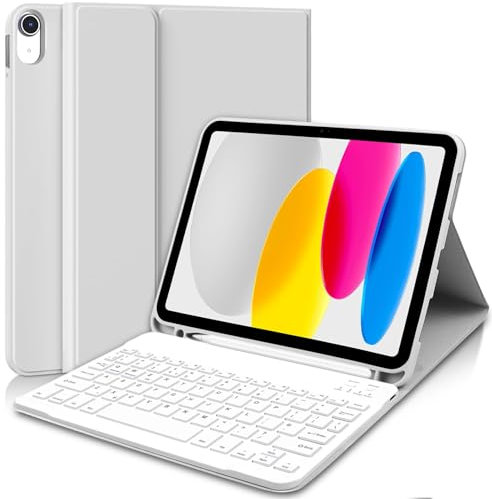 AGARELE Keyboard Case for iPad A16 11th Generation 2025 11 inch/10th Generation 2022 10.9 inch, Wireless Bluetooth Detachable Keyboard for ipad with Pencil Holder, UK Layout (White Grey)