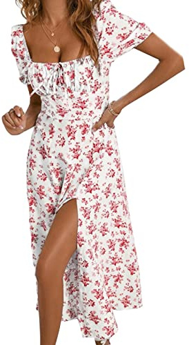 Générique Robe Femme Ete Mi Longue Fluide Légère Robe Longue Femme Ete Fleurie col Carré Robe Longue Boheme Manches Courtes Robe Femme Chic Et Elegant Pas Cher Debardeur Robe Rose Vif L