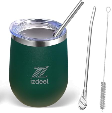 izdeel Kit Calebasse Maté Yerba Tasse Maté et Bombilla Maté Tasse en Acier Inoxydable à Double Paroi Verres à thé et à café Comprend Bombillas et Une Brosse de Nettoyage (Vert, 350 ml)