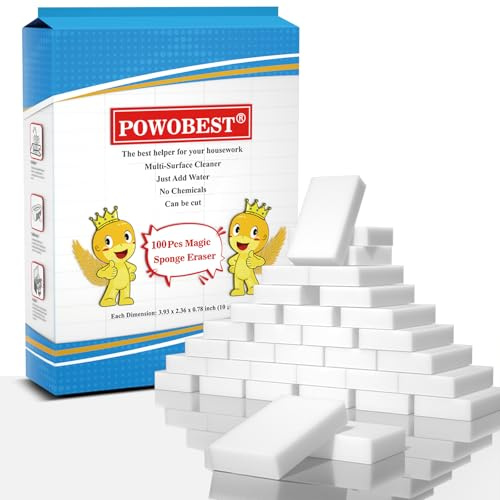 Magic Sponge Eraser POWOBEST 100 Pac Extra Thick Melamine Sponges Magic Cleaning Sponge, Household Cleaning Scrub Sponge Pads for Kitchen, Car,Sink,Shoe，Bathtub Cleaning Sponge