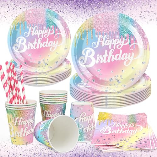 Yegookay Geburtstagsteller Partygeschirr Set 60 Pappteller Pastell Geburtstag Einschulung Tortendeko Regenbogen Deko Doğum Günü Konsepti Princess Tea Party Mädchen Pappgeschirr Kindergeburtstag