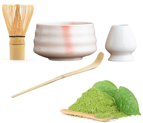 Ensemble de 4 pièces de thé matcha japonais avec pinceau à thé, support de brosse à thé, bol à matcha et pelle à thé, cérémonie du thé traditionnelle, cadeau pour les amateurs de thé et les débutants