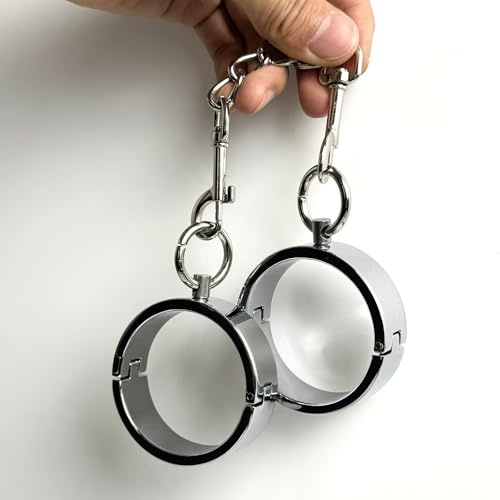 Argent métal circulaire Menottes DI Ø55mm acier inoxydable polir Av.chaîne | YILUQIFLY Verrouillable BDSM Cosplay bondage sclaves femmes hommes restraint handcuffs adulte fetisch Jeu de rôle érotique
