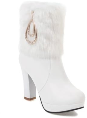 EFLALYHG Bottines de Noël en Fausse Fourrure pour Femmes, Chaussures d'automne et d'hiver à Talons Hauts avec Fermeture éclair latérale, Chaussures de fête et de Mariage,Blanc,40 EU