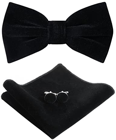 HOULIFE Ensemble nœud papillon pour homme nœud papillon pré-noué en velours réglable pochette de couleur unie boutons de manchette pour mariage soirée formelle avec coffret cadeau