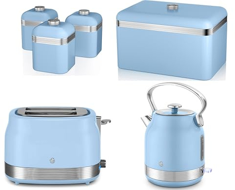 Swan Retro Blue 6 Piece Kitchen Set – StoveTop Inspired Traditional Design Revive Kettle & 2 Slice Toaster with Retro Breadbin and Tea, Coffee, Sugar Canisters Storage Set