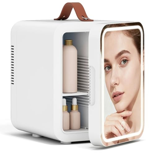 ARTETHYS Mini Fridge for Bedrooms, Small Skincare Fridge with LED Mirror | 4 Litre Portable Cosmetic Cooler, AC DC 12V Power for Car Office Travel, Compact Beauty Fridges for Makeup and Drinks, White