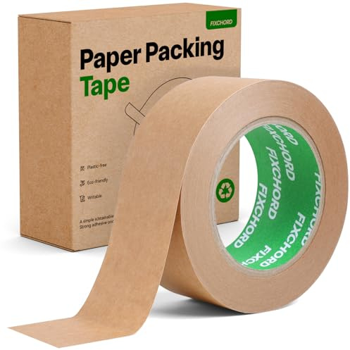 FIXCHORD Ruban D'emballage en Papier 48mm x 50m | Recyclable, Inscriptible et imperméable | Ruban Adhésif Papier Kraft pour emballer des colis et des boîtes, déménager | 1 Rouleau