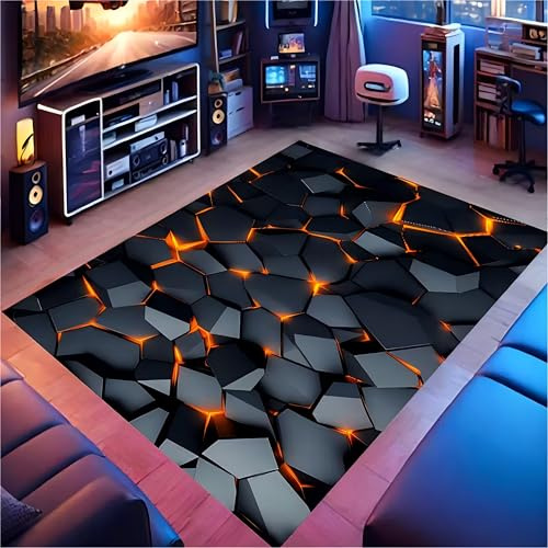 USHIRUG Geometrischer Teppich, 140x200cm, Abstraktes Geometrisches Muster In Schwarz und Orange im Lava-Stil, rutschfest, Waschbar, 3D-Illusions-Teppich für Wohnzimmer, Schlafzimmer, Esszimmer