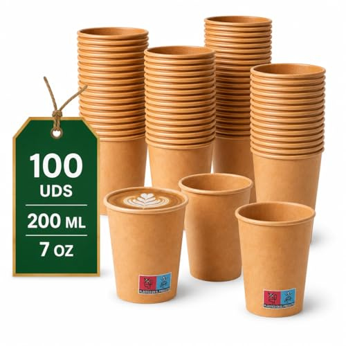 LAN&LAN - Vasos de Cafe Desechables de Cartón Kraft – Mayor Gramaje y Resistencia al Calor – Ideales para Café para Llevar en Hostelería y Eventos (100uds, 200ml)