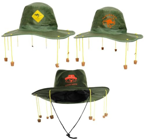 Australia Cork Hat - Pack of 3 – 3 Styles - Green Hats with Hanging Corks - Australian Fancy Dress Costume Accessory for Australia Day, Aussie Parties