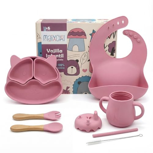 Vajilla Bebé de Silicona libre de BPA | Plato con Ventosa y Divisiones tipo Harvard + Babero impermeable + 2 Cubiertos + Vaso de Aprendizaje 3 en 1 | Set de Vajilla Infantil para BLW +6 Meses MAIXCHEL