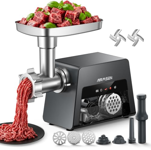 AIRMSEN Hachoir a Viande Electrique, 3-en-1, Aluminium Moulé Sous Pression, Pour Kebbés et Saucisses,2 Vitesses 2500 W Max, Moteur Silencieux, Idéal pour un Usage Domestique et Les Amateurs de Cuisine