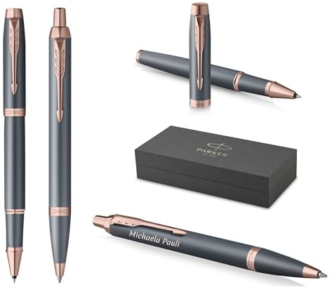 PARKER IM Schreibset Kugelschreiber + Tintenroller mit individueller Gravur – Personalisierter Luxus Stift – The Finishing Touch Collection Geschenk für Hochzeit, Geburtstag, Büro (Slate)