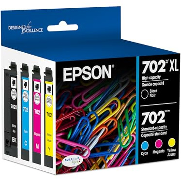 EPSON 702 DURABrite Ultra Ink High Capacity Black & Standard Color Cartridge Combo Pack (T702XL-BCS) Works with WorkForce Pro WF-3720, 3730, 3733
