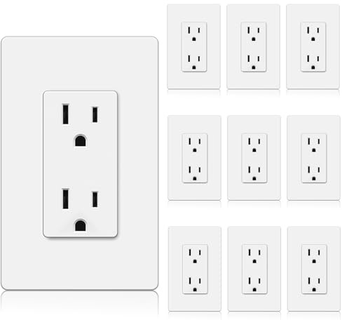 BESTTEN Decorator Receptacle Outlet, 15 Amp Standard Electrical Wall Outlet with Screwless Wallplate, Non-Tamper Resistant, 15A/125V/1875W, UL Listed, 10 Pack, White
