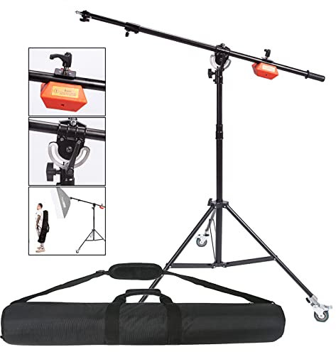 Pro Support de Lumière 180cm & Bras Girafe 224cm 2 en 1, Sac Trépied, roulettes Pivotantes et Contrepoids de 4kg, Trépieds&Boom Arm 2in1 pour Monolight, Lampe Stroboscopique, Softbox