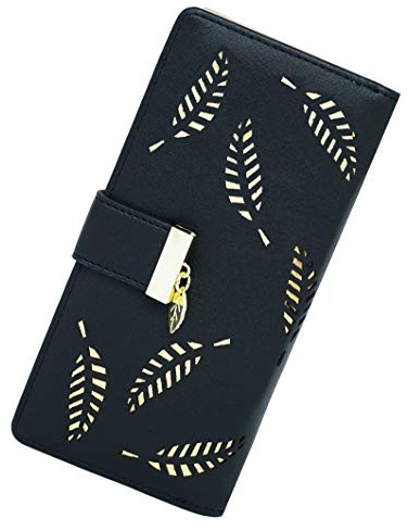 Molylove Women's Wallet Hollow Leaf Pattern Bifold Leather Lady Long Wallet Purse Zipper Handbag Button Clutch Bag (Black)