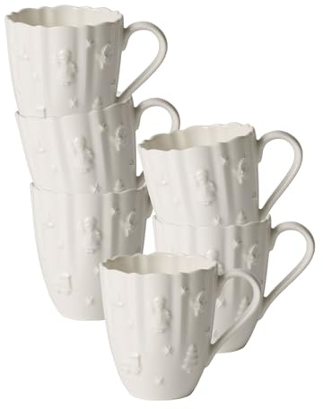 Villeroy & Boch Toy's Delight Royal Classic Kaffeebecher 6er Set, 300 ml, Henkelbecher mit weihnachtlichem Relief, Premium Porzellan, Weiß