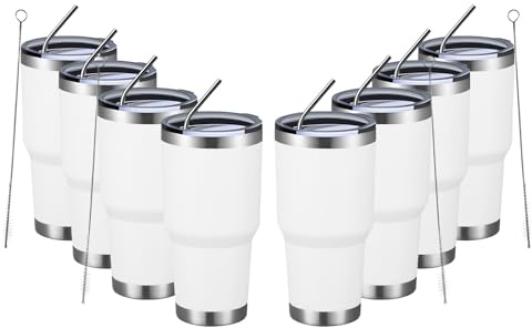 MEWAY 30oz Insulated Tumbler With Lids and Straws,Stainless Steel Double Vacuum Coffee Tumbler Cup, Brush, Durable Powder Coated Coffee Cup for Cold & Hot Drinks, Office, Travel(White,8 PACK)