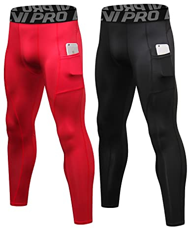LNJLVI Sport Leggings för män Base Layers Running Fitness Kompressionsbyxor, Röd-svart, S
