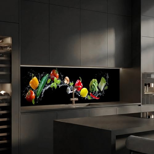 Dedeco Küchenrückwand Motiv: Obst & Gemüse V1, 5mm Hartschaum Kunststoffplatte PVC als Spritzschutz Küchenwand Wandschutz wasserfest, inkl. UV-Lack glänzend, alle Untergründe, 280 x 60 cm