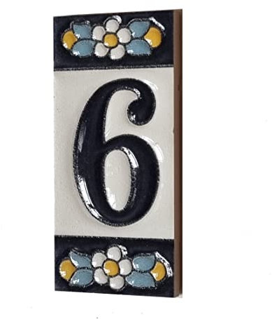 Lot de carreaux de carrelage en céramique avec chiffres et lettres Motif floral Bleu 7,5 cm x 3,5 cm (numéro 6)