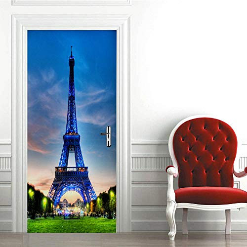TIWZHHQ Türtapete selbstklebend 3D 77x200cm Blue & Eiffelturm Türaufkleber TürPoster - Fototapete Türfolie abnehmbares Vinyl für Wohnzimmer Schlafzimmer kinderzimmer Bad wc und Küche