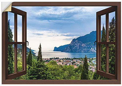 ARTland Wanddeko Wandtattoo selbstklebende Vinylfolie 130x90 cm Querformat Fensterblick Gardasee Landschaft See Natur Berge Italien U1TU