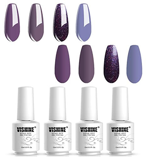 Vishine Vernis Gel Semi Permanent - Vernis à Ongles Gel Soak Off Lot 4 Couleurs 15ml Lot Pourpre Lilas Coffert Nail Art pour Onlges
