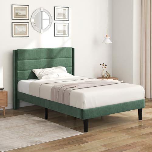 Letto imbottito singolo, 90 x 200 cm, con rete a doghe e testiera, rivestimento in tessuto di lino, colore: verde vintage, design moderno senza tempo, letto per ragazzi