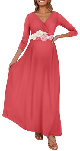 Kim S, Vestido Largo de Maternidad con Banda de Flores y Cuello en V de Fruncido Envolvente, para sesión de Fotos y Fiesta del bebé, S-XXXL, Papaya, S