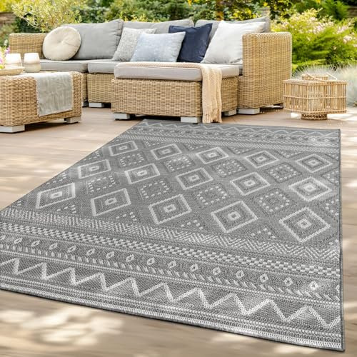 TT Home In-& Outdoor Teppich Wetterfest Balkon Küche Wohnzimmer Boho Rauten Design, Farbe: Grau 2, Größe:133x190 cm