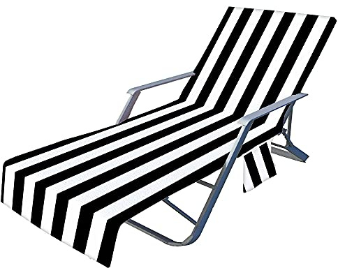 Surwin 3D Sun Lounger Beach Towel with Pockets, Classic Stripes Beach Chair Cover Chaise Lounge Towel Cover Mate Sunbed Towels For Summer Holiday Garden Outdoor Pool (75x210cm,Black)
