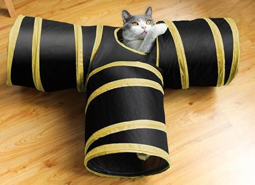 Webeasy Cat Tunnel 3-Ways Collapsible Toy 25 cm High - Interactive Game for Indoor Cats, Puppies, Kittens, Rabbits, Dogs (Yellow)