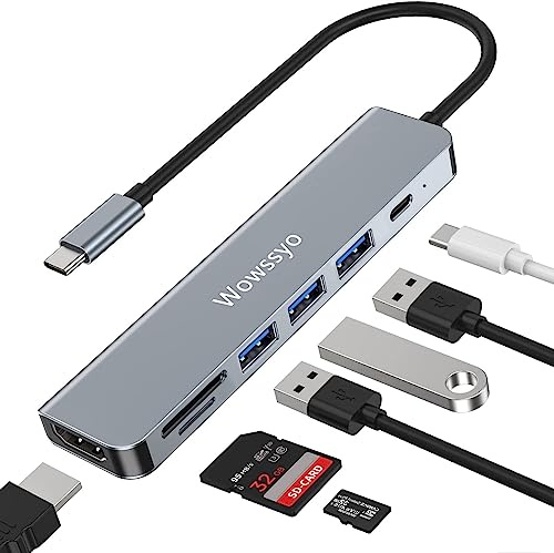 Wowssyo Hub USB C HDTV, 7-en-1 USB C Hub Adaptador con HDTV 4K, 3 Puertos USB 3.0 y USB 2.0, Lector de Tarjetas SD/TF, 100W PD de Carga para Macbook Air/Pro, portátiles y Otros Dispositivos de Tipo C