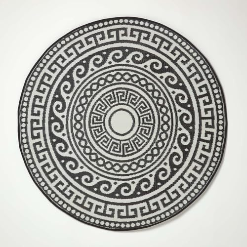 Homescapes wetterfester Outdoor Teppich rund – Enid Gartenteppich mit Mandala-Muster in Schwarz-Weiß, beidseitig verwendbar, recyceltes Polypropylen, für Balkon, Terrasse, Camping & Indoor, Ø180 cm