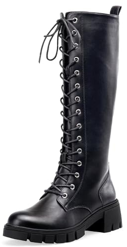 Jeossy Women's Knee High Combat 9603 Boots, Tall Platform Chunky Heel Boot with Lace, Synthetic Leather Long Comfy, Round Toe Boot with Zipper, Black Pu, Size 9(DJY9603 blackpu 09)