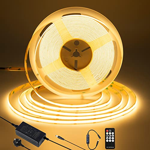 SIRYYUI COB LED Strip 10M, 2700K Warm White LED Strip Lights with Remote | 24V Dimmable LED Strip Kit, 8mm Wide, CRI 90+, Dotless Flexible Cuttable, LED Tape Lights for Kitchen DIY & Home Decoration