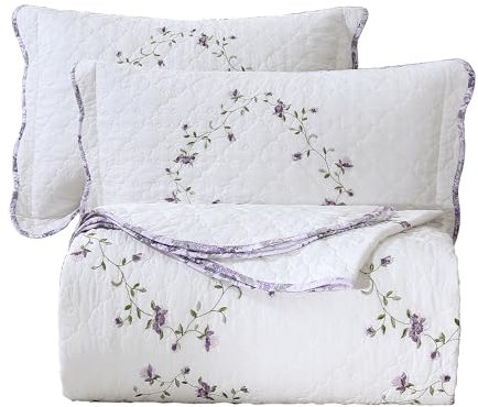 vctops 3-teiliges Tagesdecken-Set, elegant, mit Blumenstickerei, King-Size-Bett, 100 % Baumwolle, wendbar, Patchwork, 1 Steppdecke und 2 Kissenbezüge (lila, King-Size)
