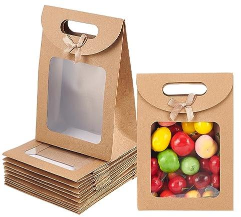 NBEADS 12 Stk. Kraftpapierbeutel mit Fenster, 14x7.2x19.6cm Stand Up Geschenkbeutel mit Griffen Geschenkbeutel mit klarem Fenster für Kleinigkeiten geeignet für Hochzeit Weihnachten Einzelhandel