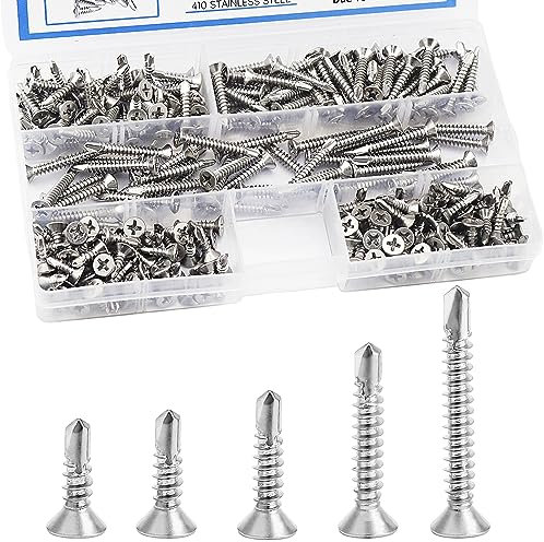 FAELNK Selbstschneidende Schrauben Edelstahl 260 Stück Selbstschneidende Kreuzkopf Bohrschrauben Selbstbohrende Schrauben Set 4.2 x 13mm/ 16mm / 19mm / 25mm / 32mm Silber