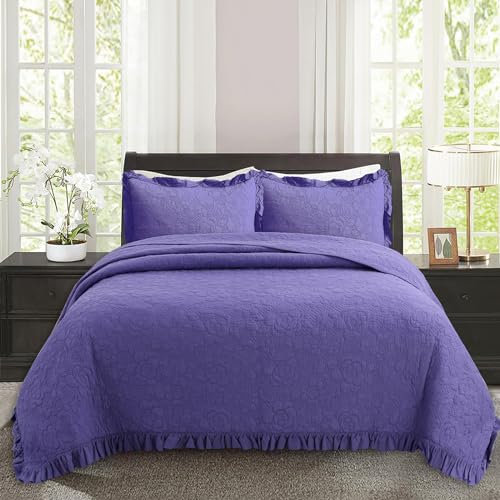 PRELGOSP Tagesdecke Bettüberwurf 230x250cm, Gesteppte Steppdecke Wendedesign, Bedspreads aus Baumwolle, Leicht Bett überwurfdecke mit 2 Kissenbezug,Lila