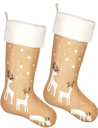 BRUBAKER 2er Set Weihnachtsstrumpf zum Befüllen und Aufhängen - 52 cm groß - Nikolausstrumpf für Weihnachten und Nikolaus - Weihnachtsdeko Strümpfe Weihnachtssocken aus Jute - Rentiere Sterne Weiß