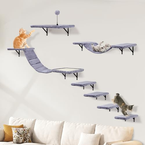 Katzen kletterwand Set mit Katzenbaum Hängematte Wandelemente für Katze | 7-Teiliges, Katzenbrücke Kratzbrett Katzen Katzentreppe 18 kg Multiplexplatte Catwalk Wandmontage Wall Climbing XXL Hellgrau